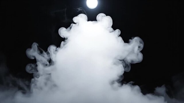 White smoke swirls and thick fog rise against a dark black background