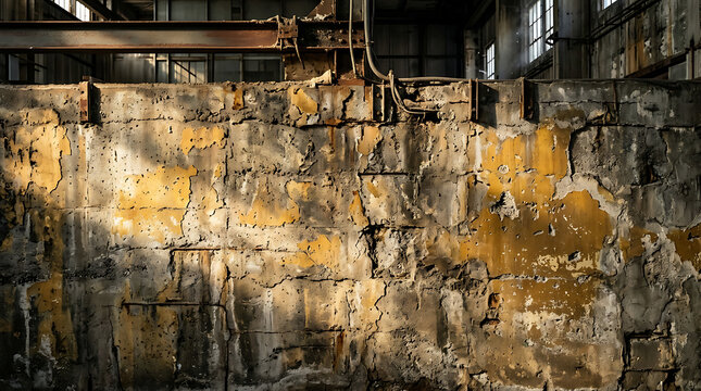 Cracked concrete wall with peeling paint in an abandoned industrial building, showing rust and decay, dramatic lighting