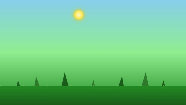 Minimalist Flat Design Landscape with Sun and Green Trees