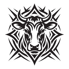 Fototapeta premium Tribal Cow Head Tattoo Design, Blackwork Ink Bull Silhouette with Ornamental Sharp Decorative Elements on White Background