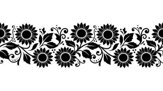 Black and White Sunflower Seamless Floral Border Pattern Vector