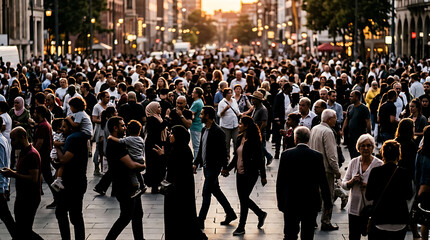 Obraz premium crowded city street at sunset with pedestrians walking in both directions, warm light