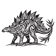 Fototapeta premium Stegosaurus Dinosaur Tribal Tattoo Design, Blackwork Ink Illustration with Ornamental Patterns, Isolated on White Background