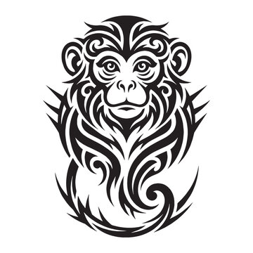 Intricate Tribal Monkey Tattoo Design, Blackwork Ink Ornamental Illustration of a Primate Head for Creative Art Projects