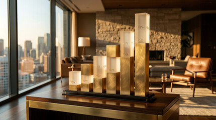 Naklejka na ściany i meble Decorative golden bar graph sculpture on wooden stand, abstract representation of financial growth, success, and investment in a modern office with city view
