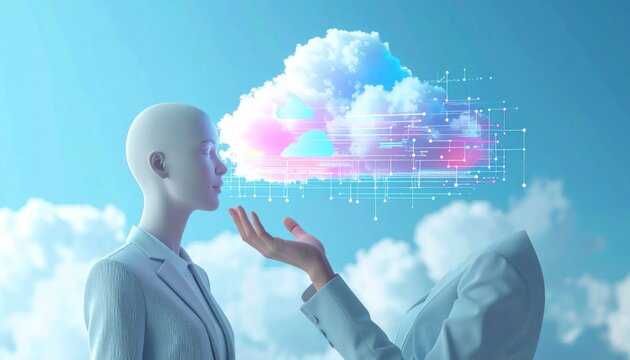 Humanoid AI robot interacting with digital glowing cloud data.