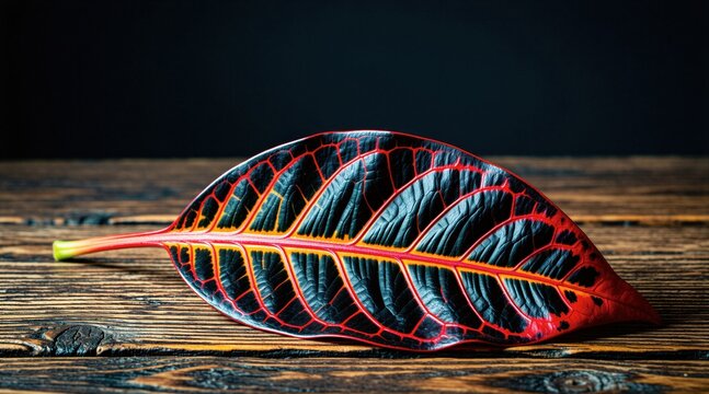 Single vibrant croton leaf with black red, orange veins rests on dark textured wooden table. Beautiful exotic plant foliage with intense dark background. Dramatic nature macro detail for autumn mood