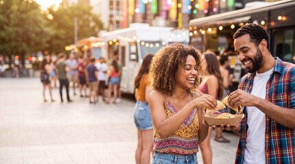 Fototapeta premium Two young friends are sharing street food and laughing at a colorful summer food festival, celebrating friendship for urban promotional campaigns