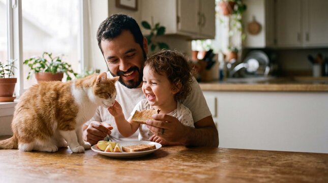 A cheerful father and toddler share a snack with a patient cat at the kitchen table for International Cat Day commercial photography