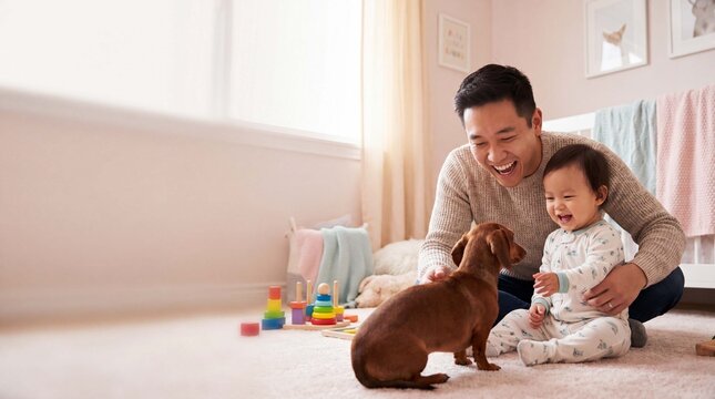 Joyful father and dachshund laugh with toddler in nursery on National Dog Day for social marketing