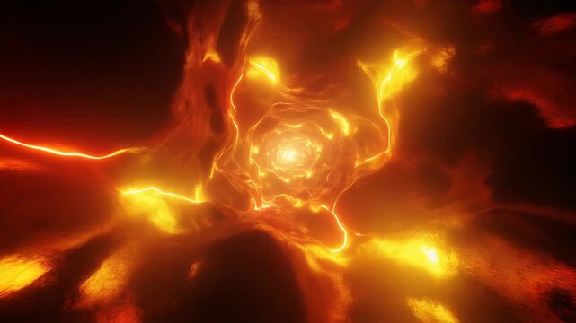 Intense fiery energy burst explodes from a central glowing core sending bright orange and yellow flames outward into dark space in a dramatic abstract digital artwork of cosmic power and light