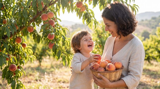 Parent and toddler standing under a sunlit peach tree during a fresh summer harvest celebration