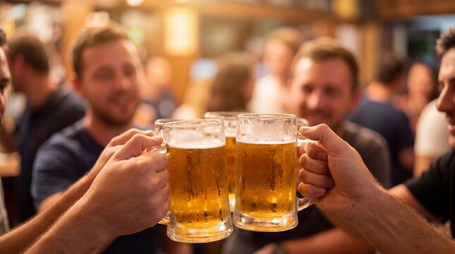Friends toast with cold beer glasses at a lively bar during a summer celebration event