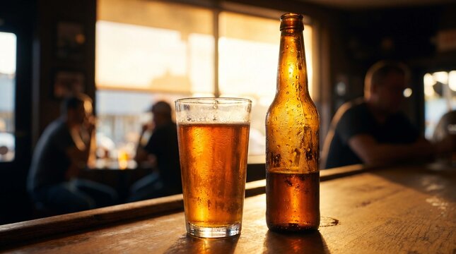 Cold beer bottle and glass glow in warm golden backlight for summer evening bar promotions