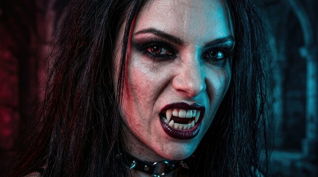 Dramatic portrait of a female vampire with intense gaze and visible fangs