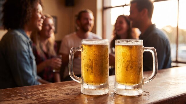 Two cold beer glasses sit on a bar counter with friends gathering in warm summer light