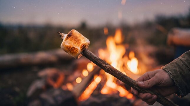 Golden toasted marshmallow on a stick glows over a warm campfire during a summer smores night