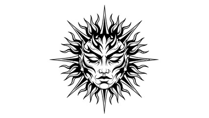 A striking black and white illustration of a stylized sun with a human face at its center, radiating sharp, flame-like rays. © Nevermind