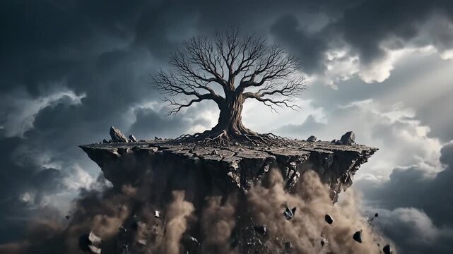 A lone leafless tree stands on a floating island under a stormy sky