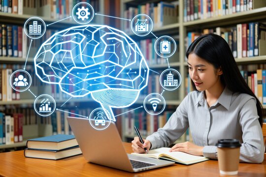 Asian student uses laptop in library. Glowing brain digital graphic floats with smart city internet of things icons. Woman studies with computer, notebook. Tech future innovation connects learning