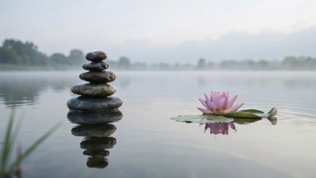 Zen stone stack and pink lotus flower floating on calm water in misty landscape