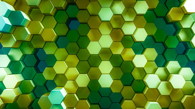 3d rendered background of patterned hexagons in vivid saturated green and yellow colors Three dimensional hex shapes in geometrical patterns for vibrant colorful scientific or technical 3d backgrounds