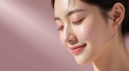 Fototapeta premium Young Asian woman face portrait with smooth healthy glowing skin. Female model posing in soft light for beauty product advertisement banner. Pro makeup look with gentle smile. Concept of wellness