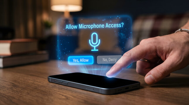 Human finger approving holographic microphone permission request interface on smartphone for voice access