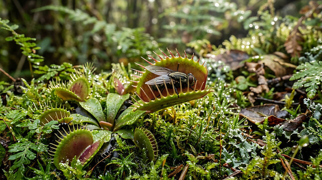 Close up of carnivorous Venus flytrap plants in forest.