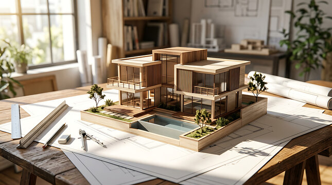 Detailed architectural model of a modern house with a swimming pool, blueprints, and drafting tools on a wooden desk, sunlight streaming in