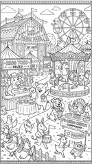 Fototapeta premium Farm Animals Enjoying Festive Fair Activities, Including Ring Toss, Carousel, Pie Eating Contest, and Parade, Black and White Vector Illustration