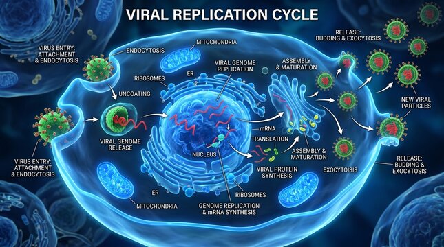 Detailed scientific illustration of the viral replication cycle within a host cell, showing stages from virus entry and genome replication to protein synthesis and release.
