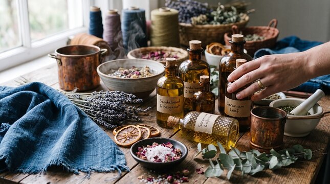 Artisanal Essential Oil Bottles and Apothecary Ingredients on a Rustic Wooden Table for Natural Wellness