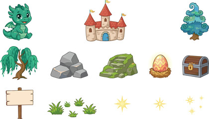 Set of fairytale fantasy game assets featuring a cute baby green dragon magic castle treasure chest dragon egg and whimsical trees © Md abusufian