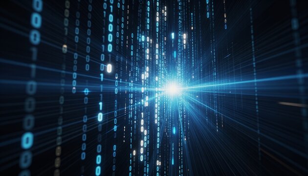 Digital Data Stream Abstract Background with Glowing Binary Code