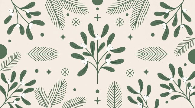 Christmas holiday winter festive background illustration features minimalist mistletoe sprigs for cozy greeting cards and web banners