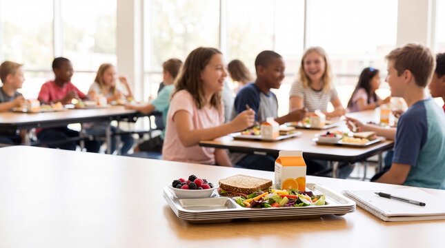 A healthy lunch tray, juice box and notebook sit in a school cafeteria as students enjoy back-to-school mealtime together
