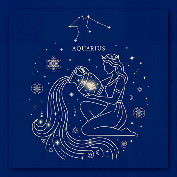 Aquarius zodiac sign line art illustration. Elegant woman pouring water from a jug with constellation and sacred geometry on a dark blue background.