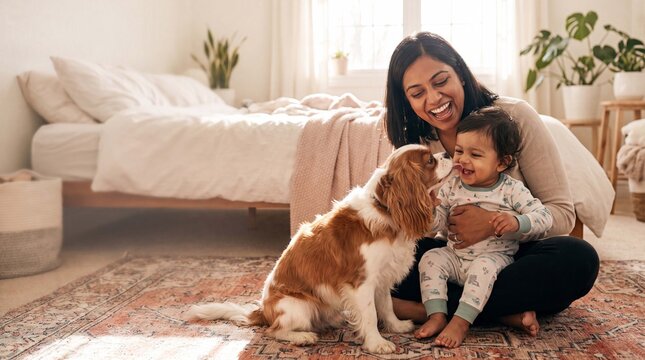 Happy mother and Cavalier spaniel relax with toddler in bedroom on National Dog Day for greeting cards