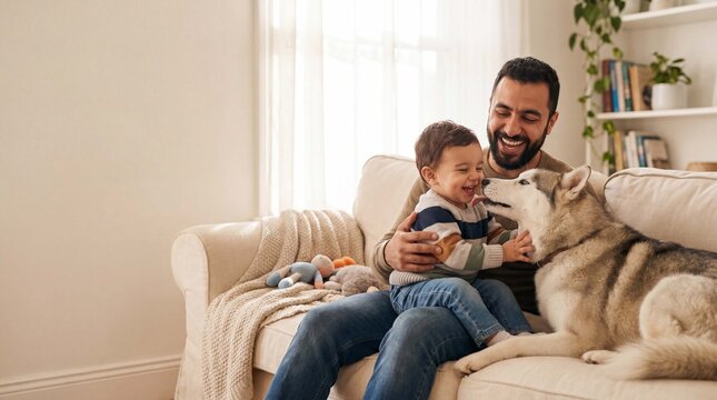 Warm father and husky spend joyful time with toddler in living room on National Dog Day