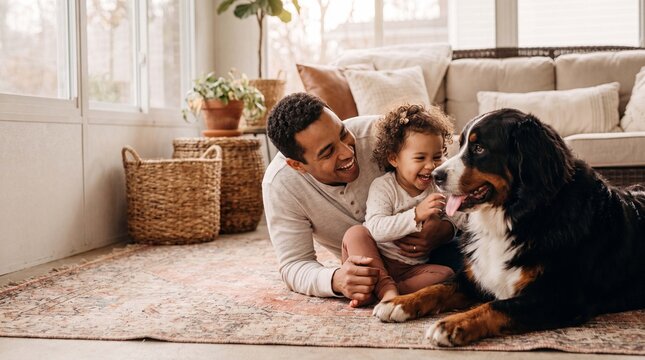 Joyful father and Bernese dog play with toddler in sunroom on National Dog Day for pet promotion