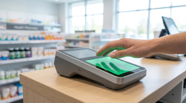 Biometric payment terminal in modern retail checkout with hand scanning on green illuminated screen