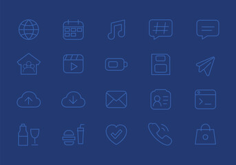 Fototapeta premium Monochrome blue outline icon collection featuring communication, calendar, media, cloud services, email, contacts, phone, food, shopping and digital technology symbols.
