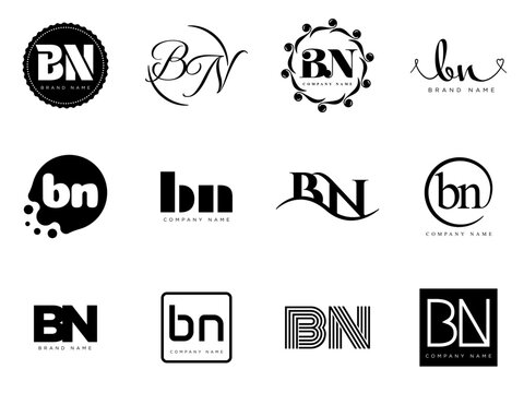BN logo company template. Letter b and n logotype. Set different classic serif lettering and modern bold text with design elements. Initial font typography.