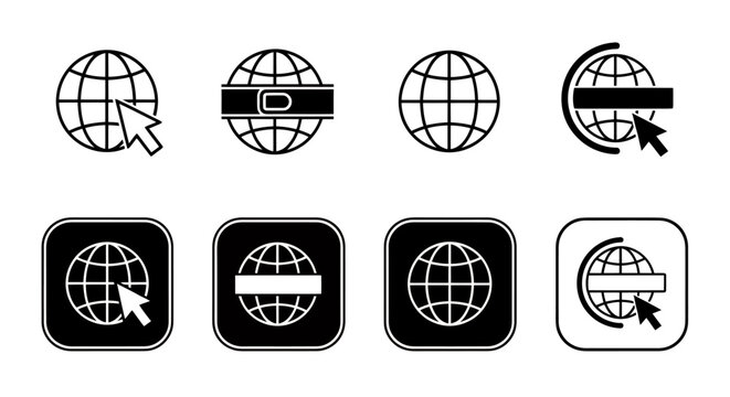 Set of globe icons showing global connectivity and clicking interactions for web navigation graphics.