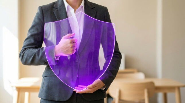 Suit shield protection security office shield purple glass shield blurred interior adult torso formal jacket shirt hand gesture safety defense