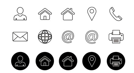 Fototapeta premium Set of monochrome outline icons for contact and home navigation.