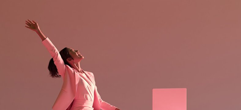 Businesswoman celebrates success with energetic arm raise, expressive joyful smile, wearing suit beside laptop on modern desk against vibrant solid background.