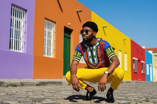 Stylish young black man squats on cobblestone street near vibrant colorful walls. Male model wearing dashiki shirt, sunglasses poses confidently. Fashionable guy with beard looks away on urban