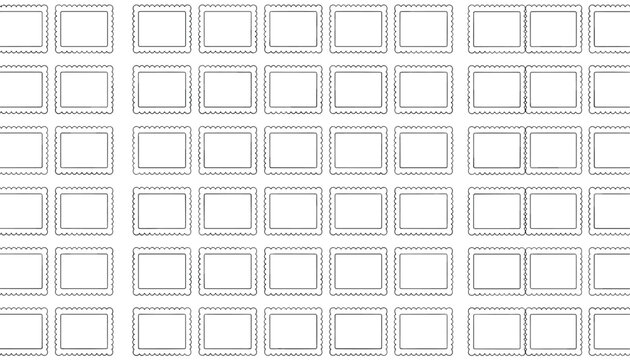 Seamless geometric background pattern of empty white postage stamps with scalloped borders on a white backdrop.
